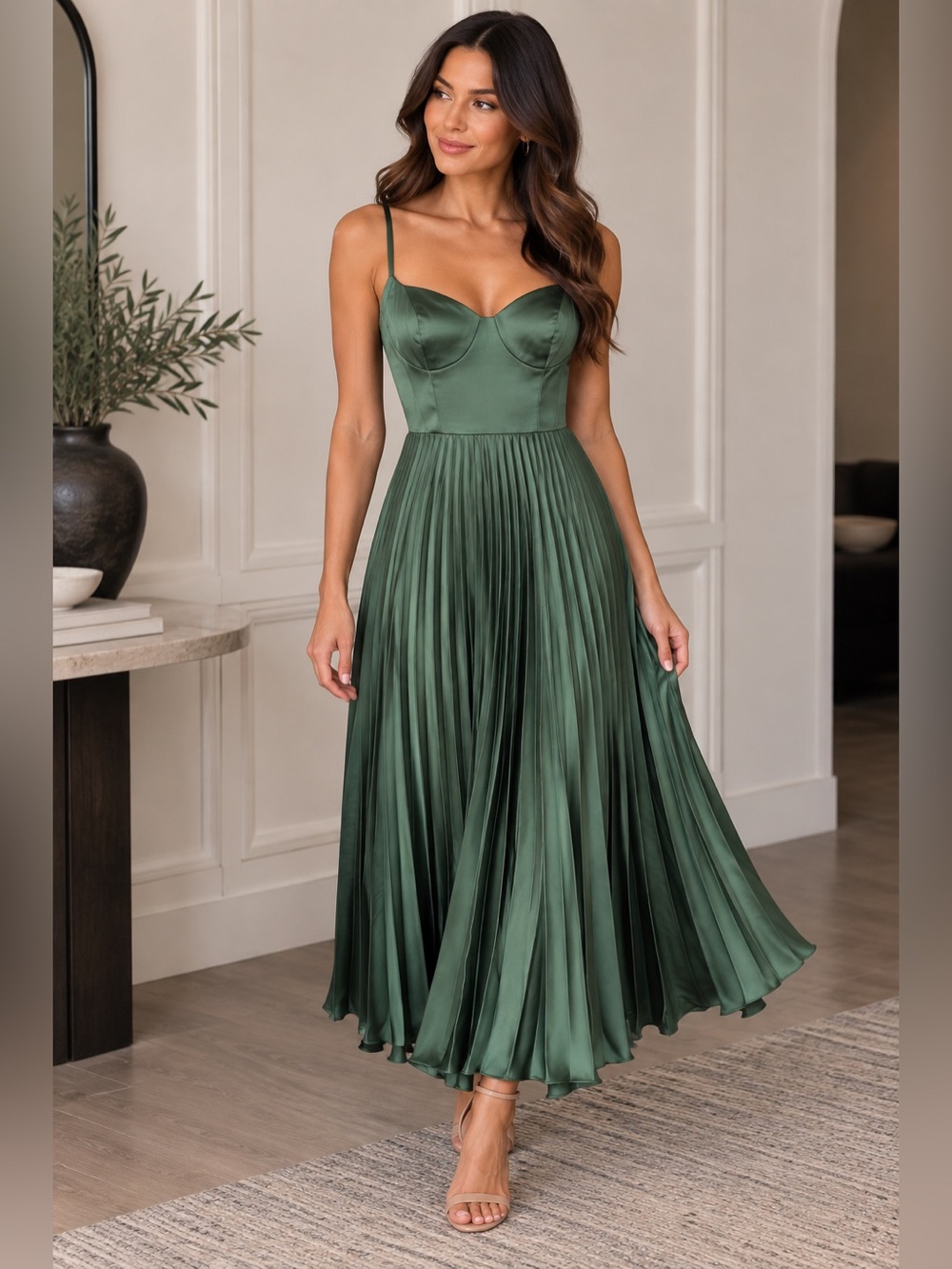 Azazie Atelier Sz 4 Sage Green Satin Pleated Corset Midi Dress NWT